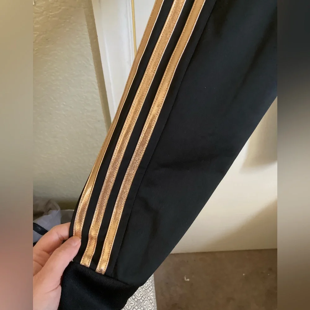 *Adidas Black with Gold/Rose Gold Striped Track Pants #IR